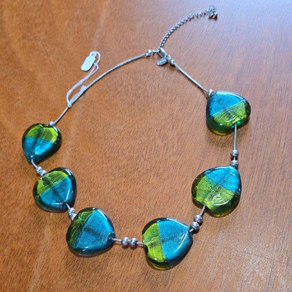 Vintage Glass Heart Bead Necklace - Blue & Green